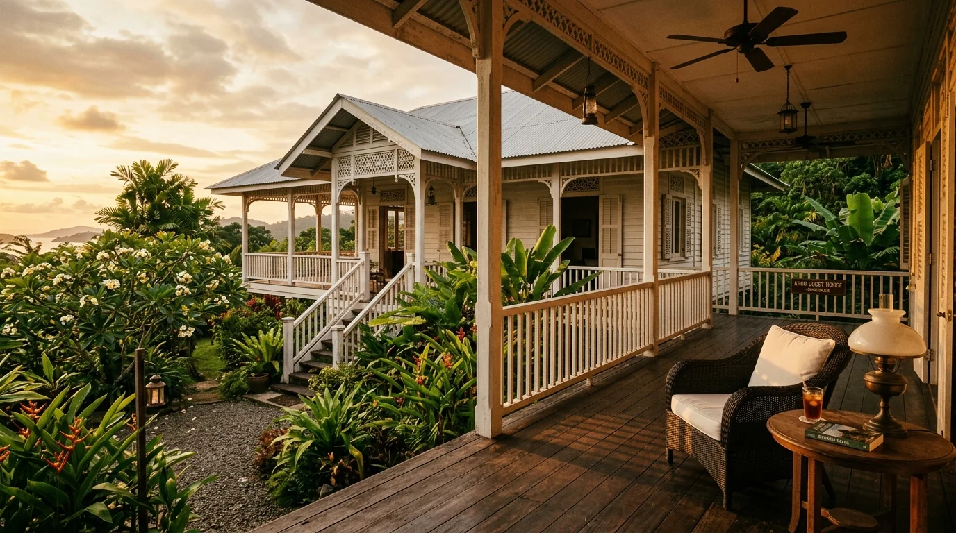 A restored colonial-era wooden bungalow on a hill in Sandakan, Sabah, surrounded by tropical greenery, evoking the Agnes Keith House
