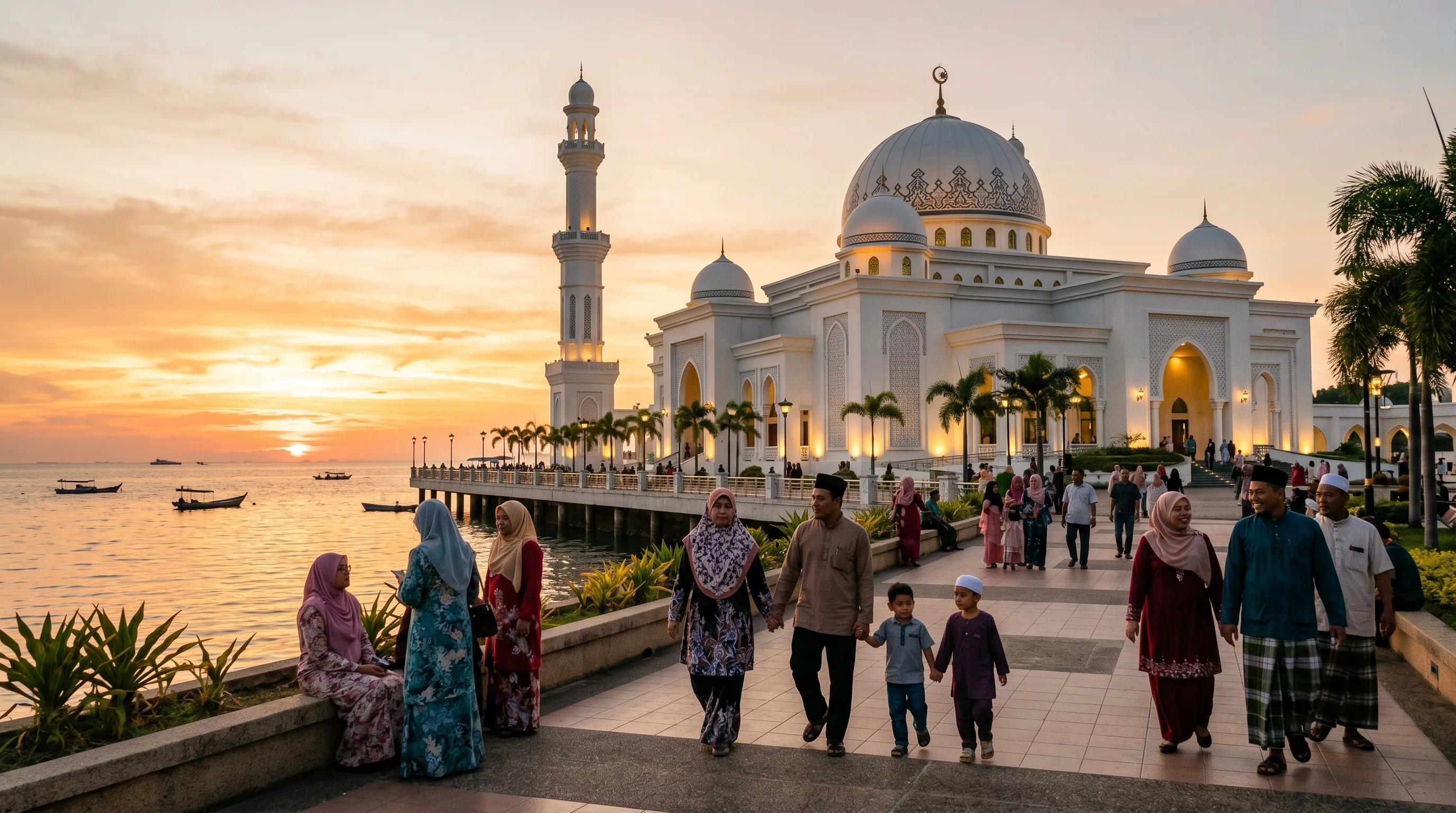The white Al-Kauthar Mosque in Tawau with its soaring dome, set on the beachfront