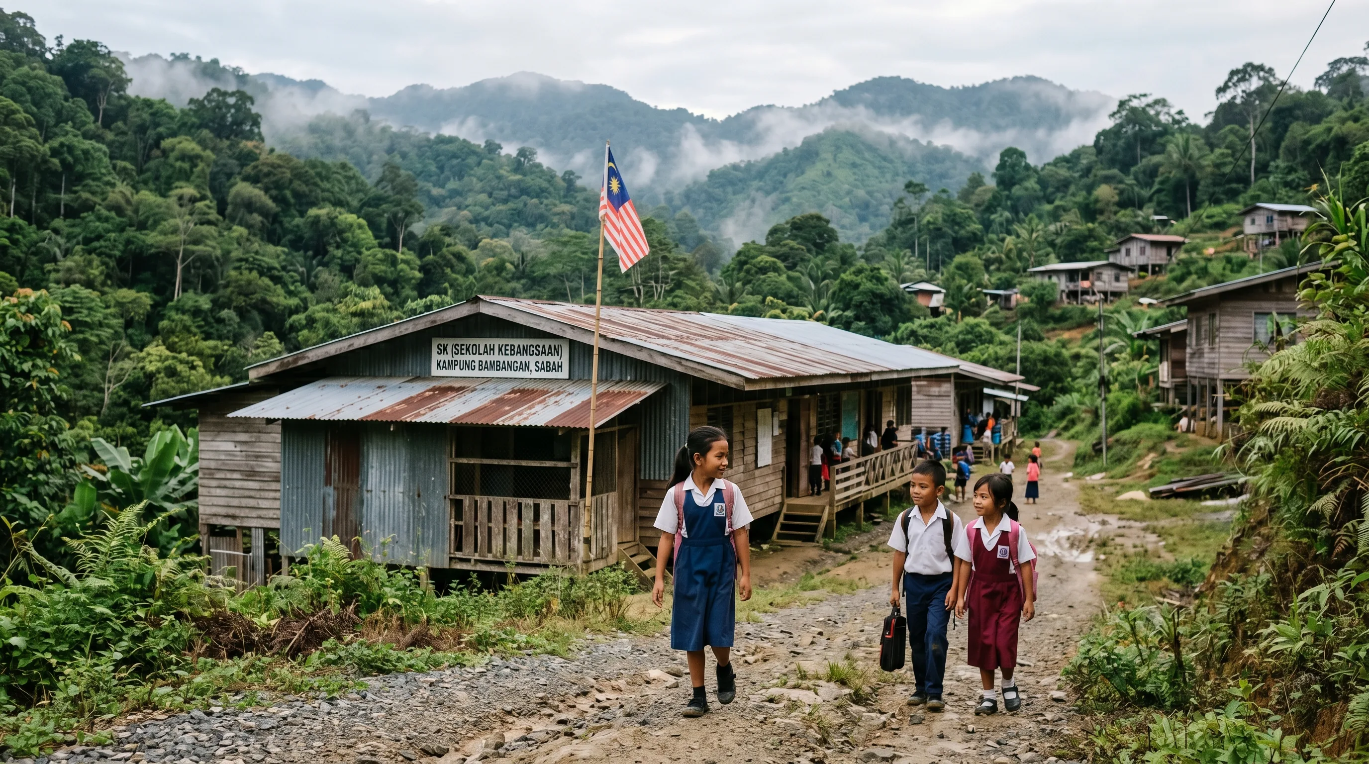 A modest rural schoolhouse in interior Sabah, Malaysian Borneo, with Malaysian schoolchildren walking towards the building beneath surrounding hills and forest