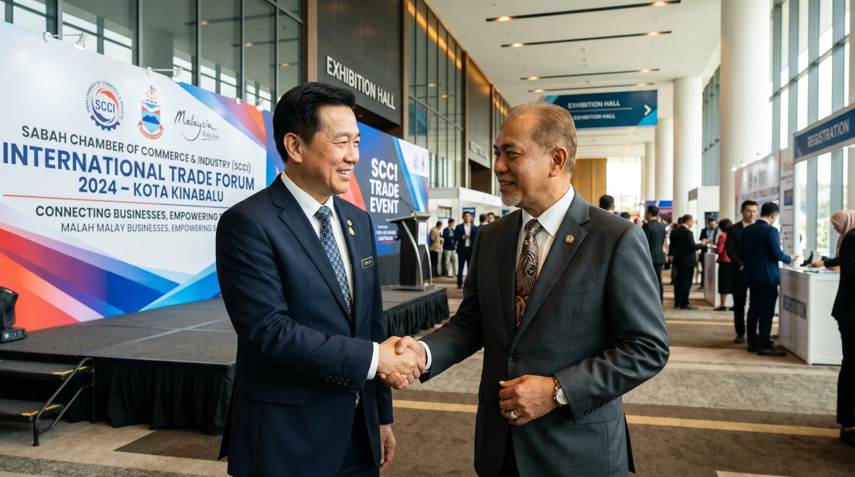 Malaysian business professionals shaking hands at a chamber of commerce networking event in a Kota Kinabalu meeting room
