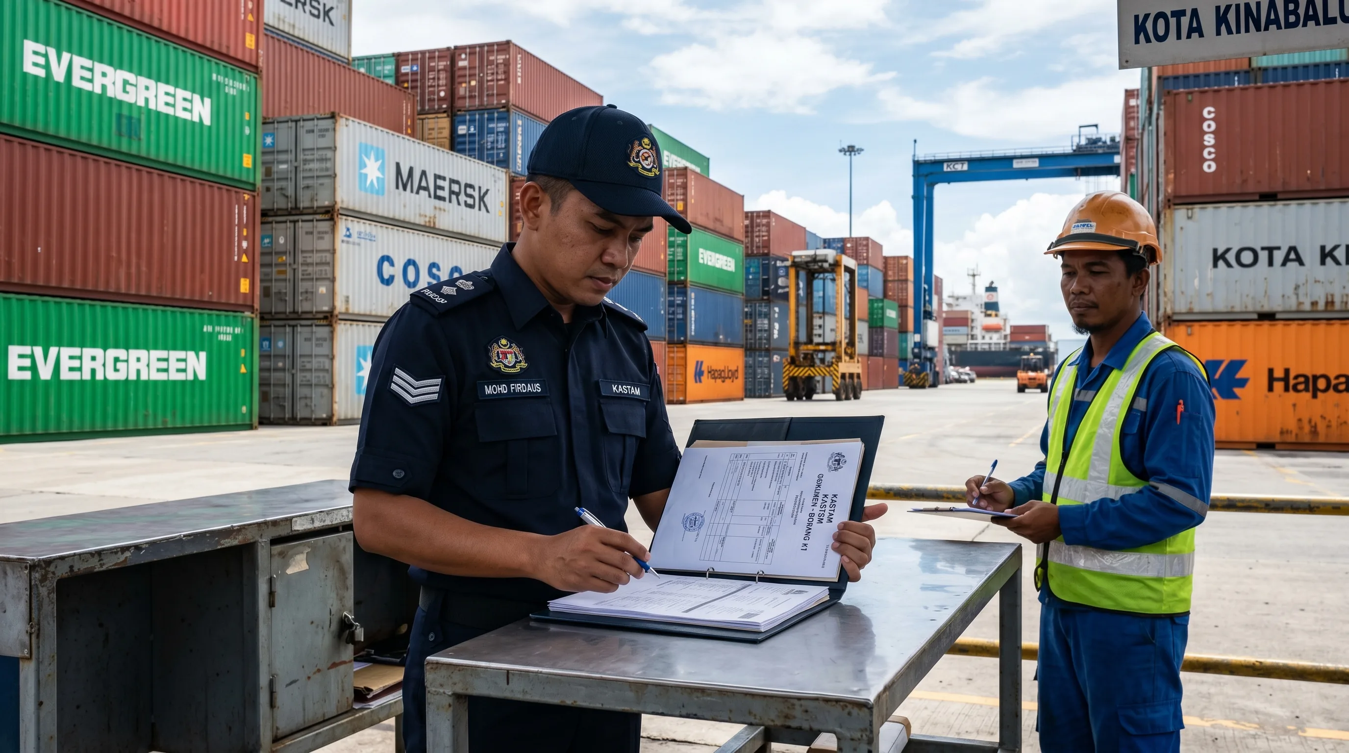 A Malaysian customs officer checking cargo documents at the port in Kota Kinabalu, Sabah