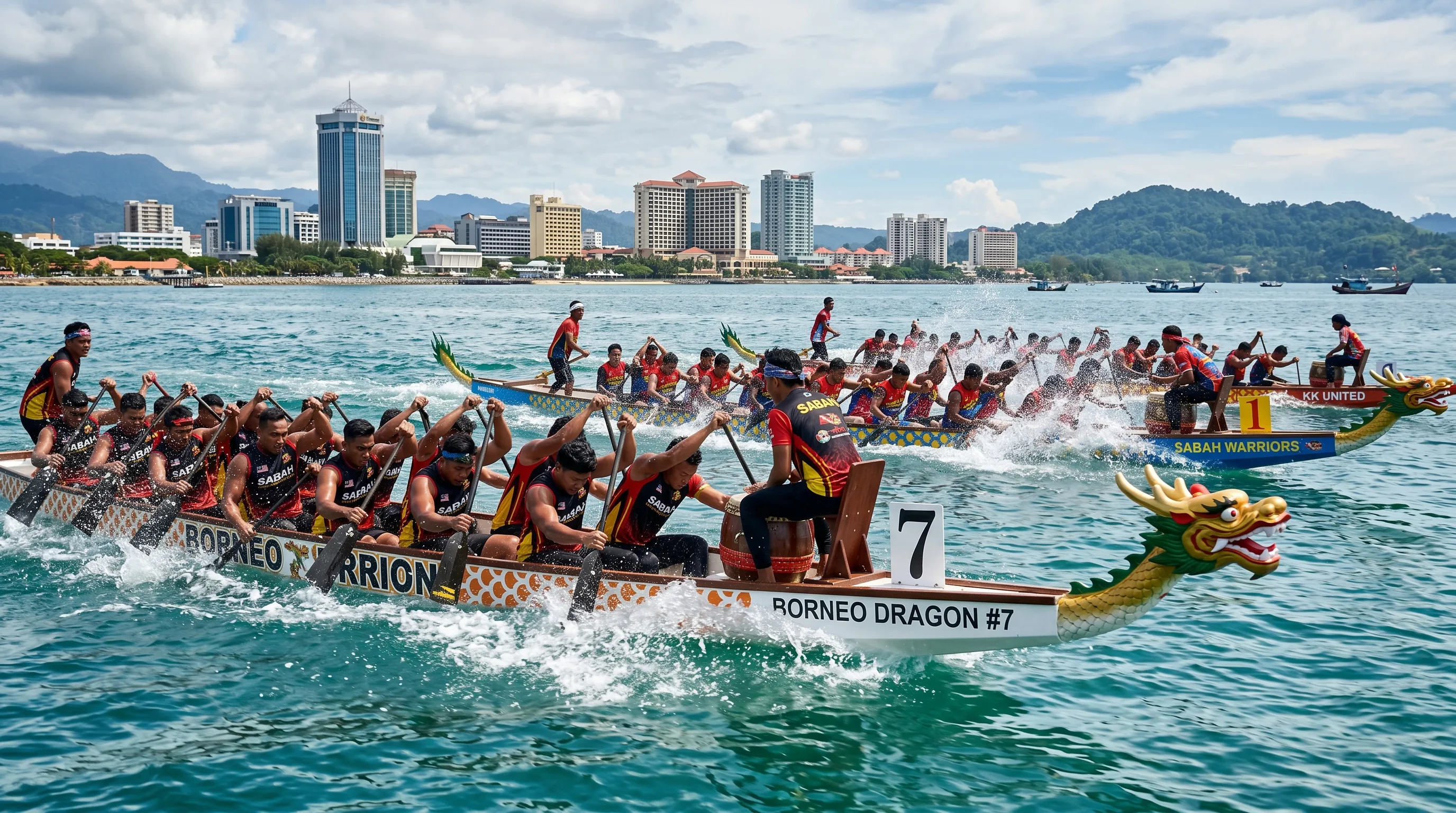 Southeast Asian dragon boat crews racing on Likas Bay in Kota Kinabalu, Sabah, with the city skyline and sea behind them