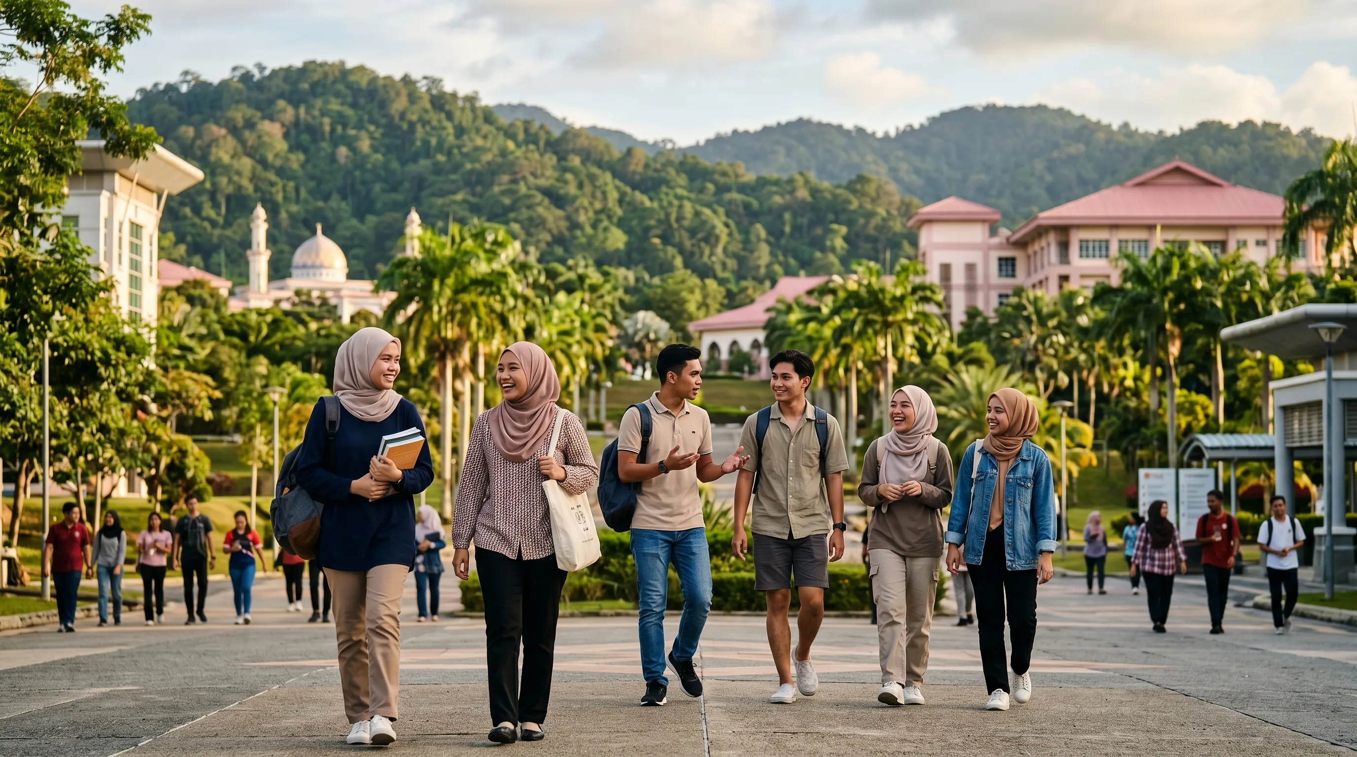 Southeast Asian students walking across a university campus in Kota Kinabalu, Sabah, with green hills in the background