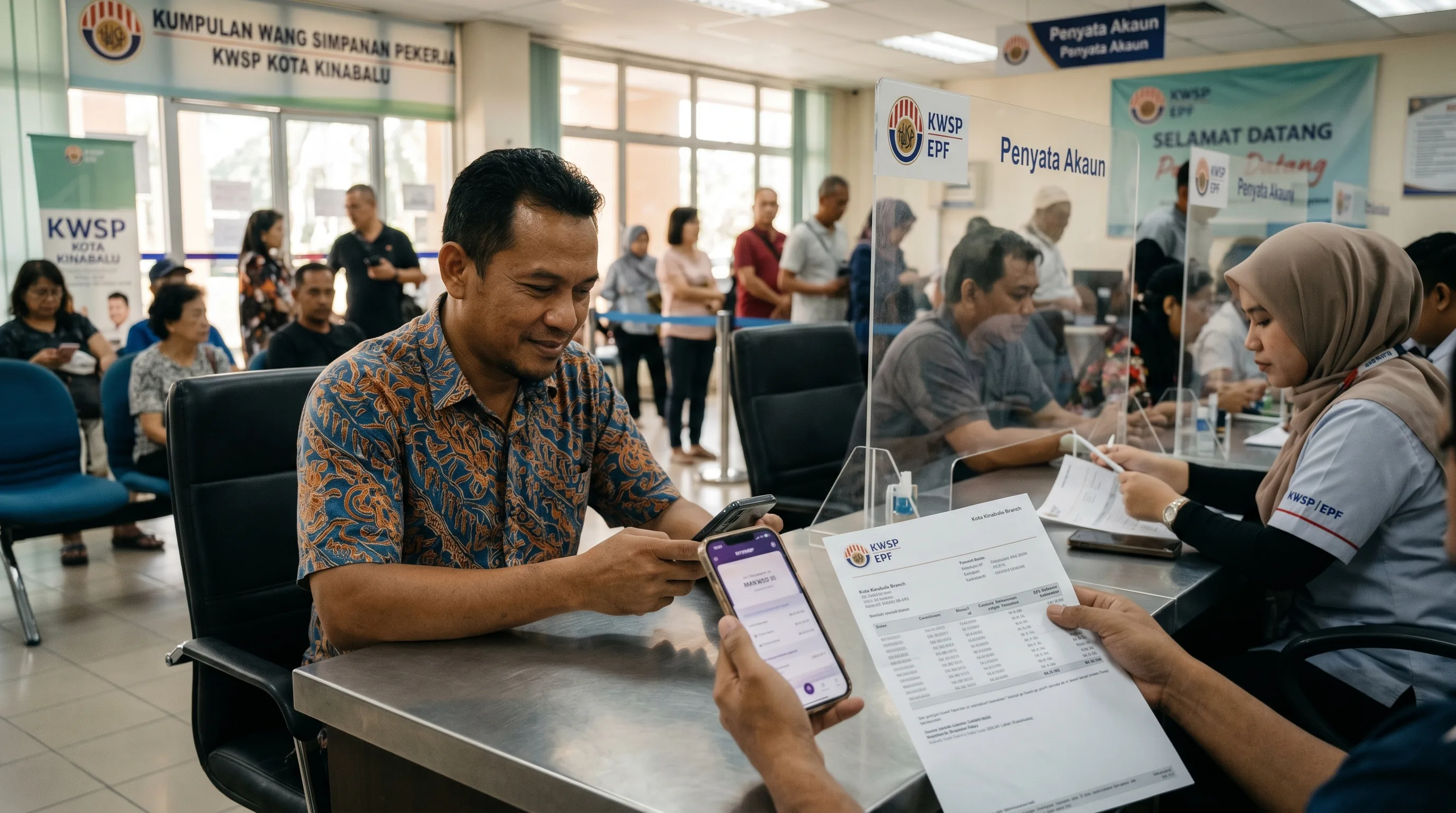 A Malaysian worker reviewing retirement savings on a phone at an EPF office in Kota Kinabalu, Sabah