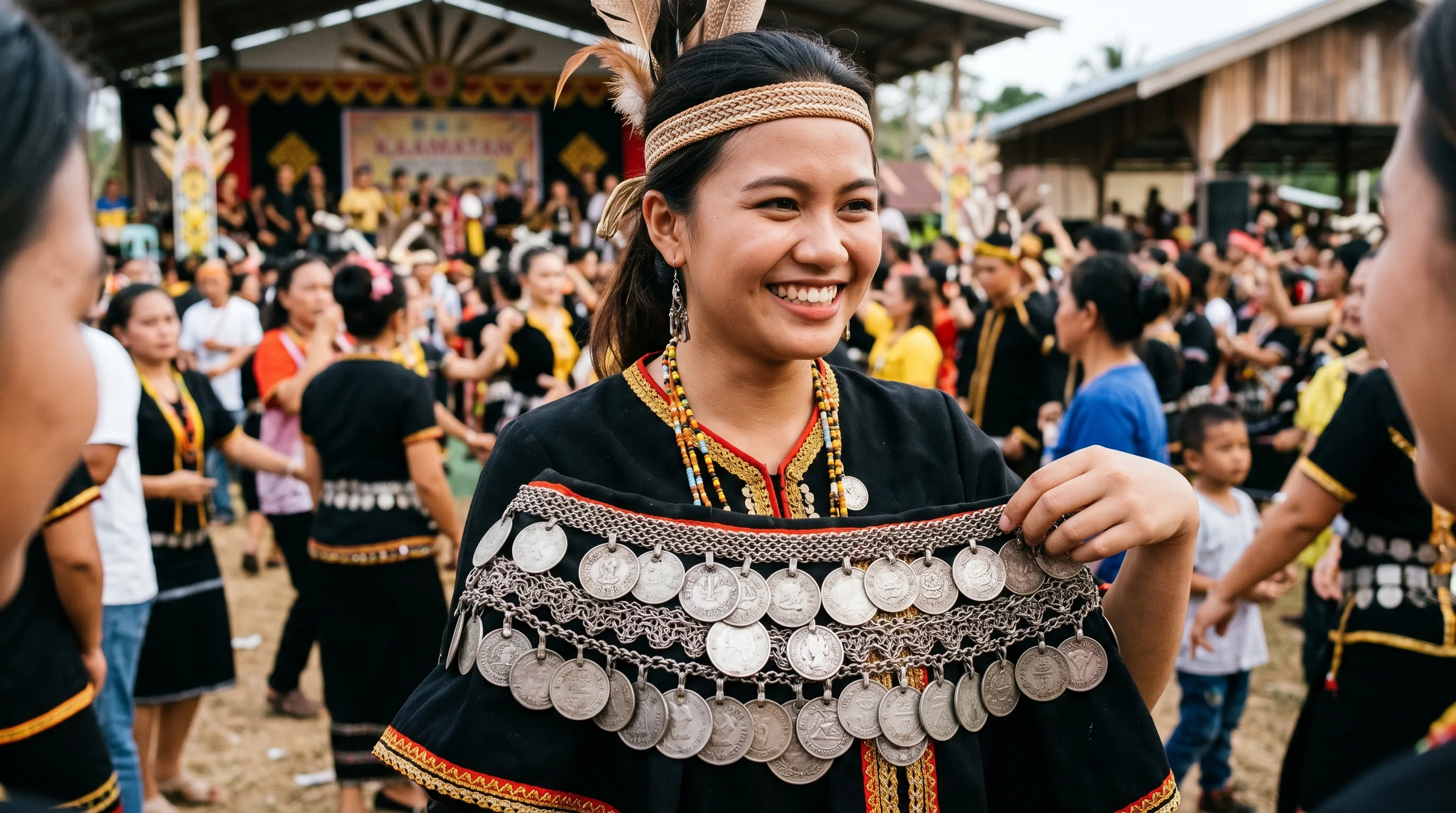 A Kadazan-Dusun woman in black sinuangga costume wearing a himpogot silver coin belt across her hips at a Kaamatan celebration.