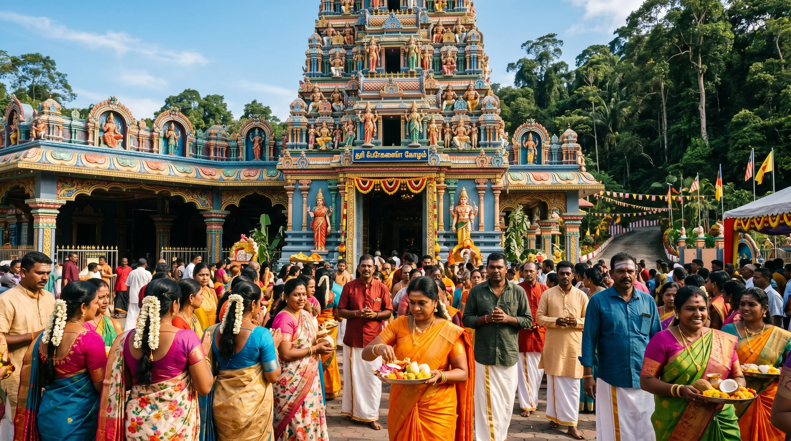 A colourful Hindu temple gopuram tower with carved deities under a blue sky in Sabah, with Tamil worshippers gathered nearby