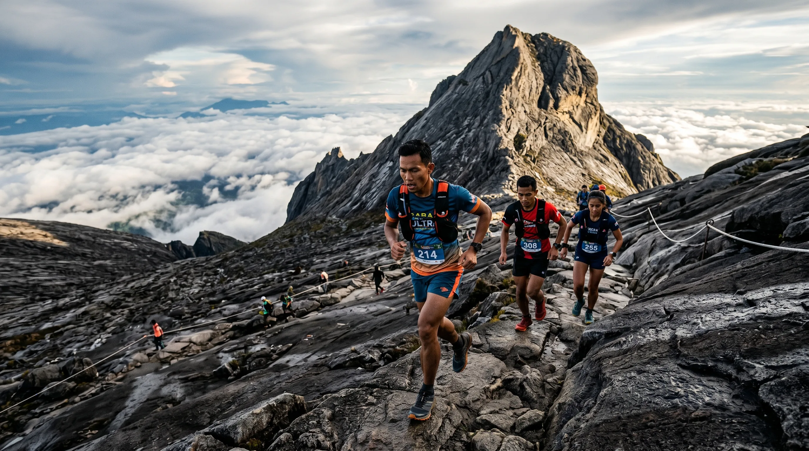 Southeast Asian mountain runners racing on the granite slopes of Mount Kinabalu, Sabah, during the Climbathon with clouds below