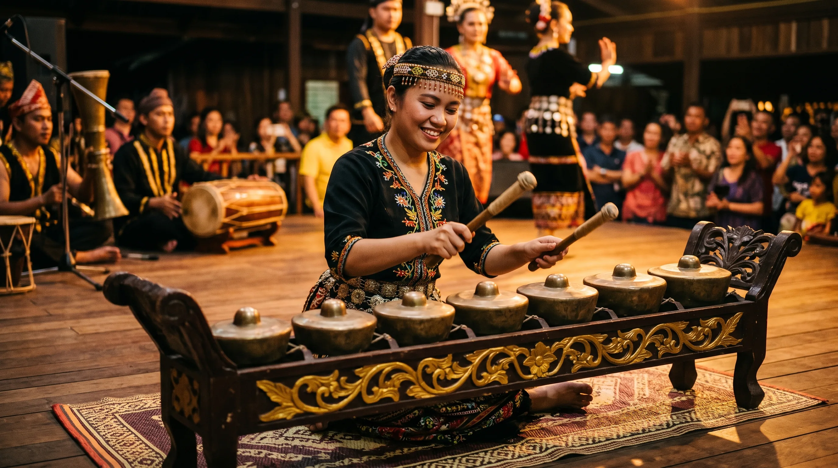A Sabahan musician striking a horizontal row of small bronze kulintangan gongs with padded mallets during a community performance.