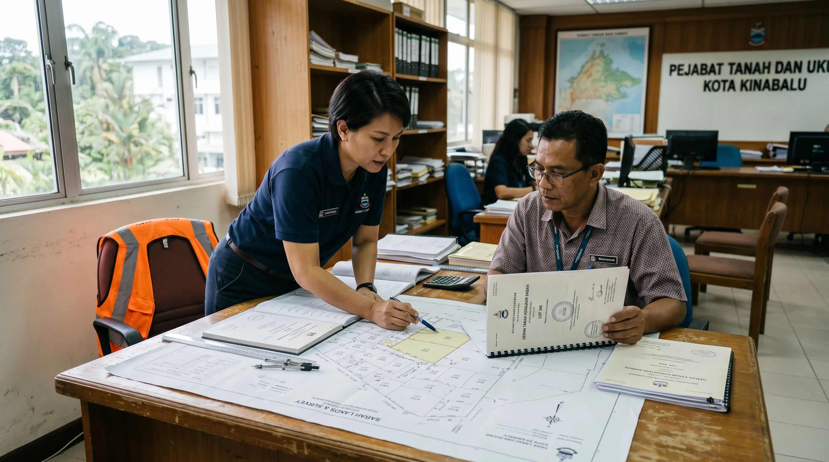 A Malaysian land surveyor reviewing a cadastral plan in an office in Kota Kinabalu, Sabah