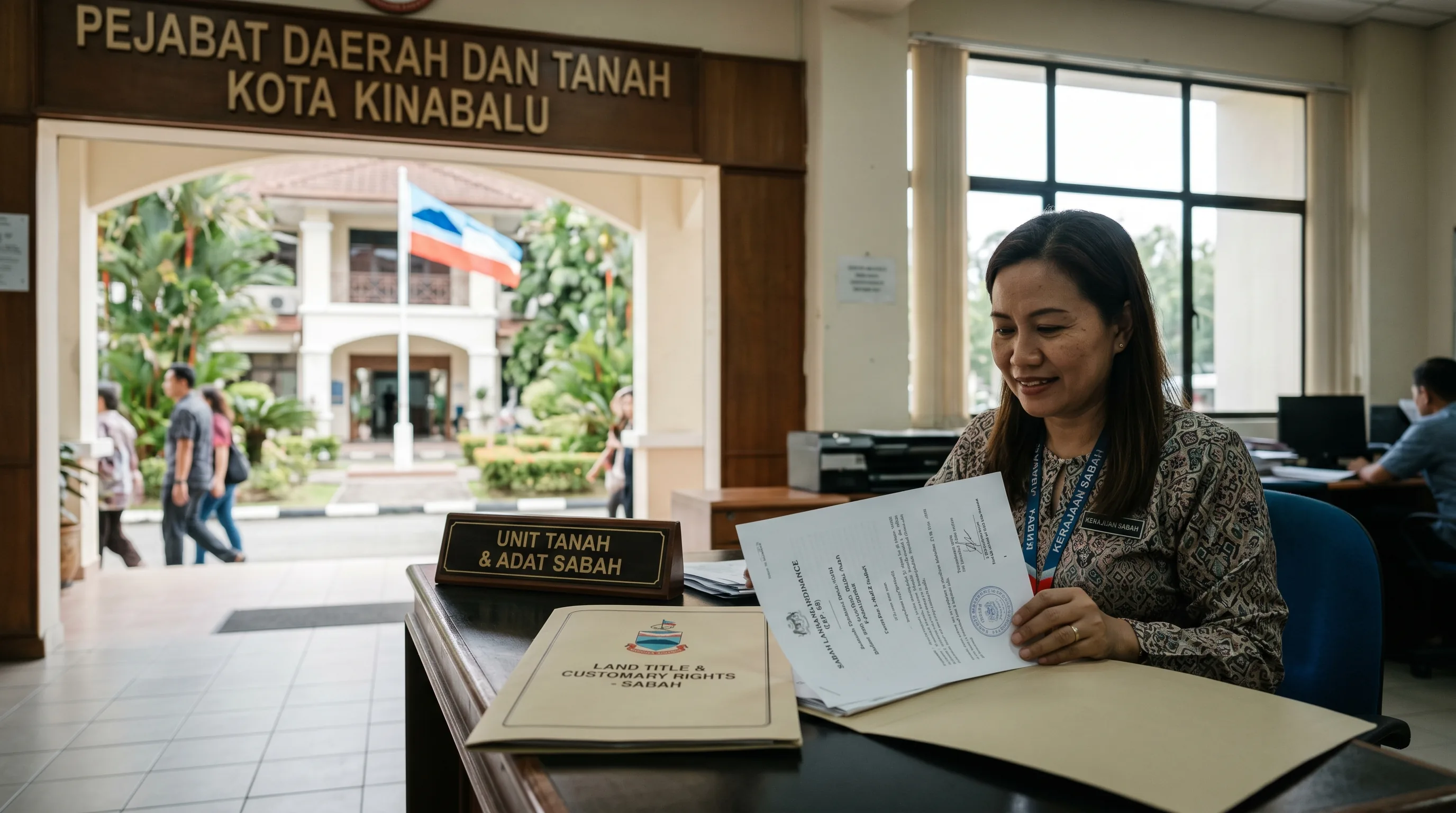 A government building entrance with the Sabah flag, official documents and a land title on a desk