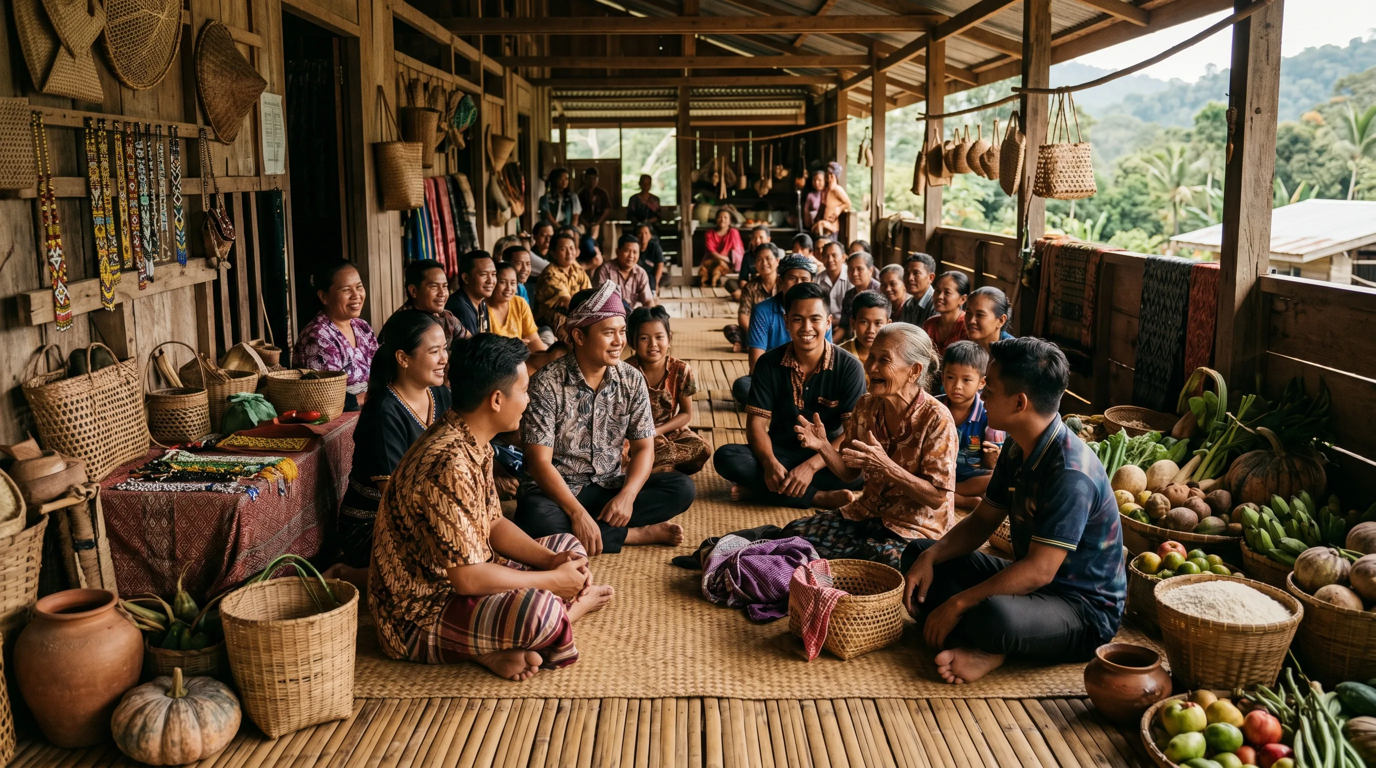 A group of indigenous Sabahan community members meeting in a rural village hall in Borneo