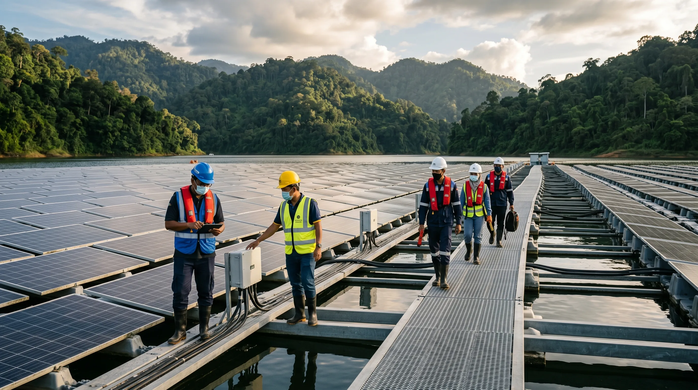 Rows of floating solar panels on the calm surface of a reservoir in Sabah, with forested hills in the background.