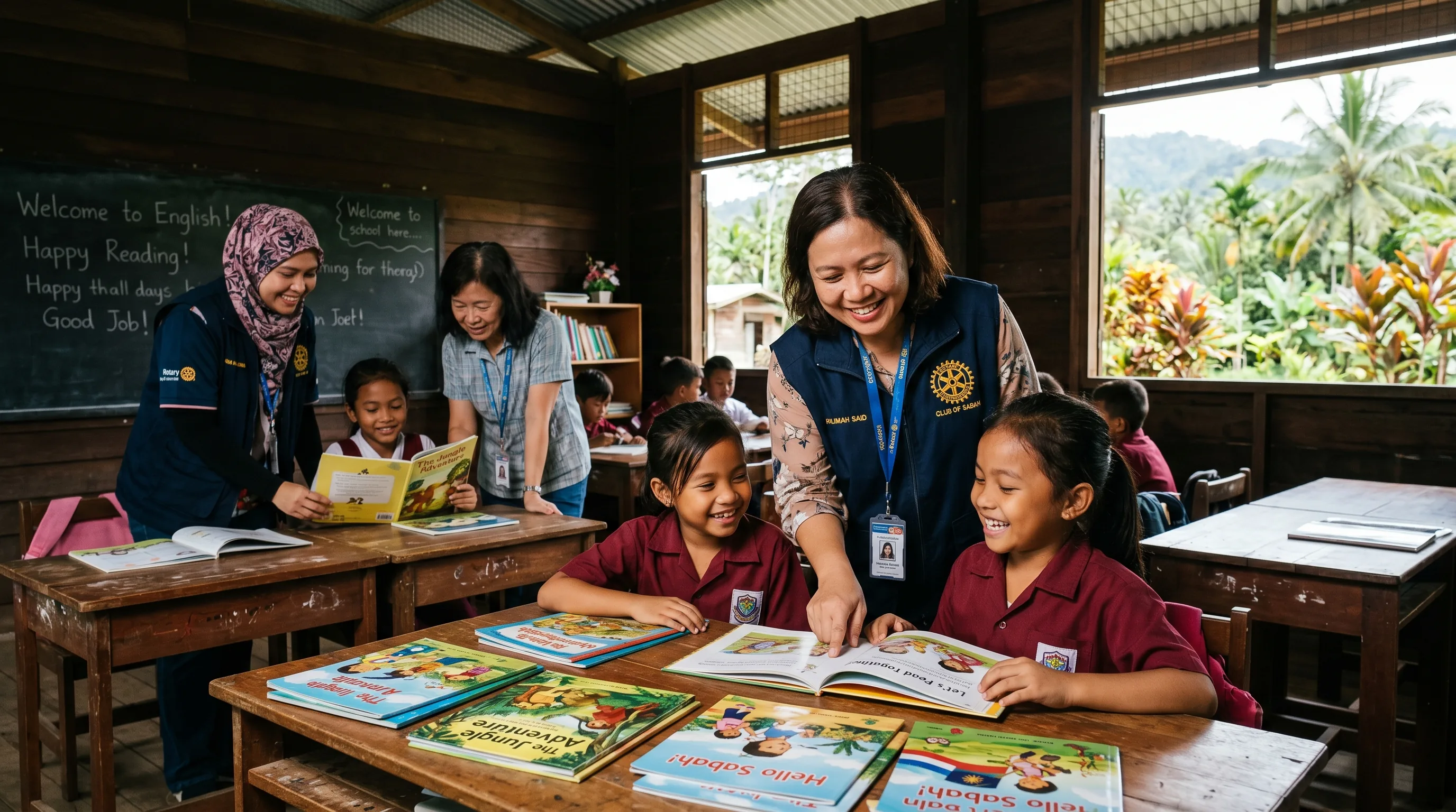 Malaysian Rotary club volunteers in service vests helping schoolchildren at a rural Sabah school