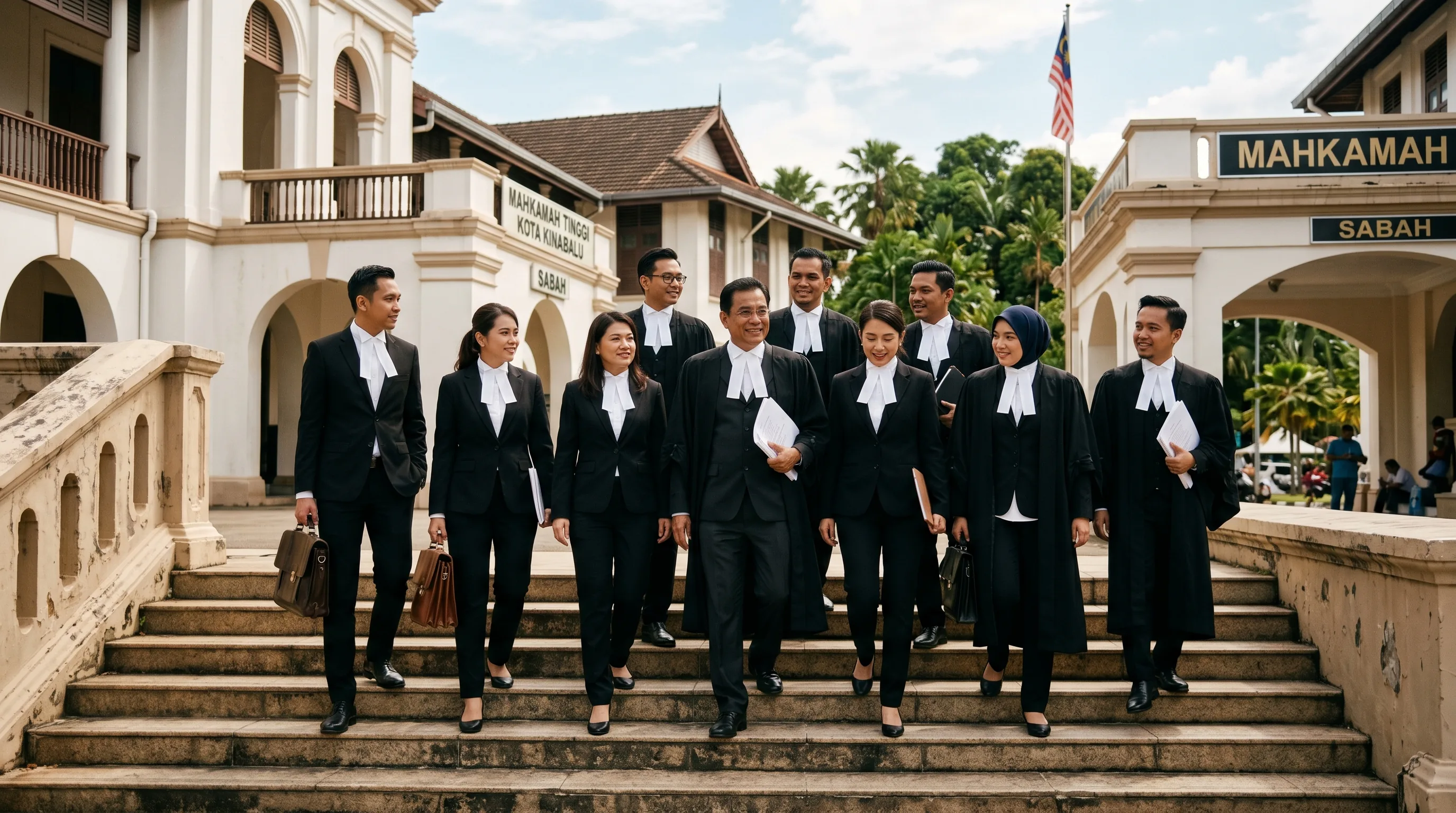 A Malaysian lawyer in formal court attire reviewing documents in a Kota Kinabalu office, representing the Sabah Bar