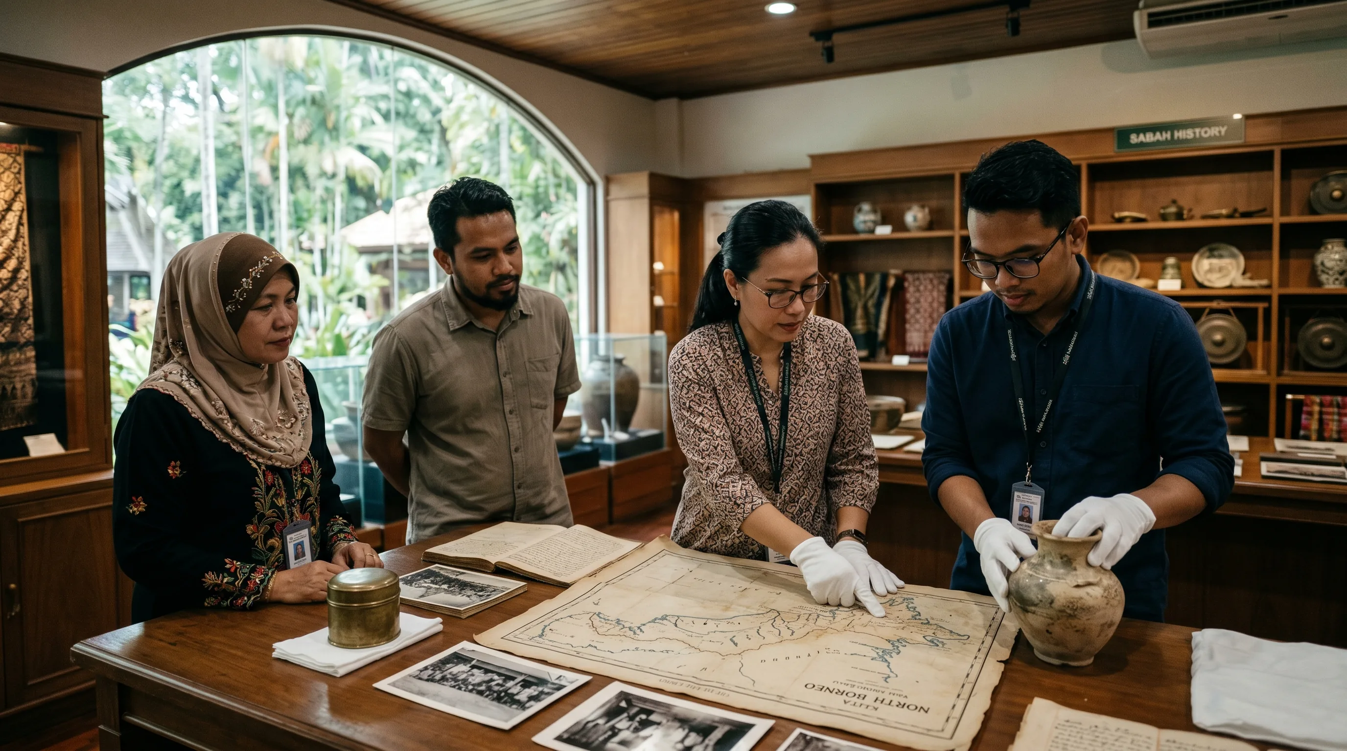 A Malaysian conservationist examining cultural artefacts in a Sabah museum gallery, evoking The Sabah Society's heritage work