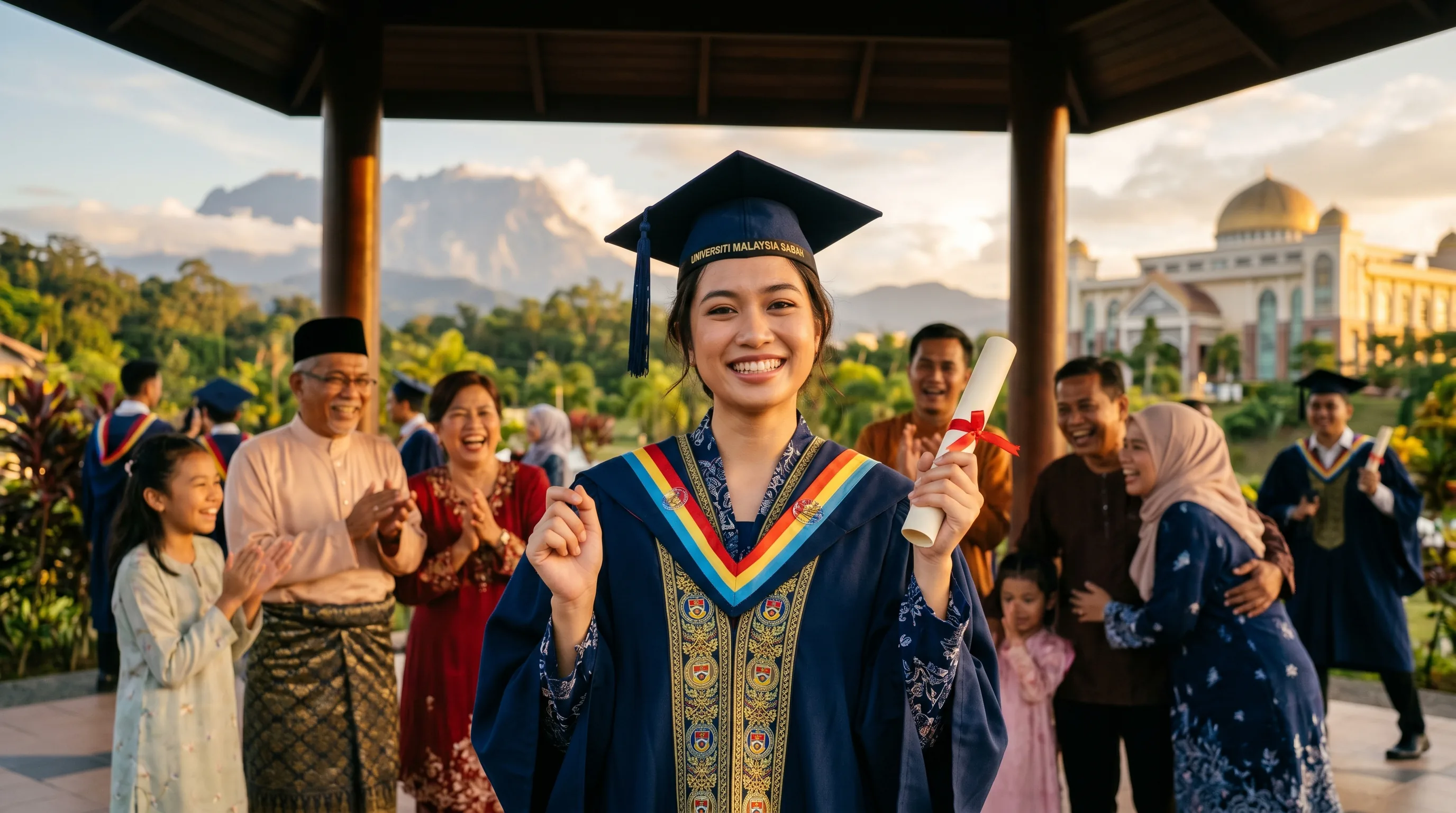 A Malaysian Sabahan student in graduation robes smiling on a university campus in Kota Kinabalu, holding a certificate, with family members nearby