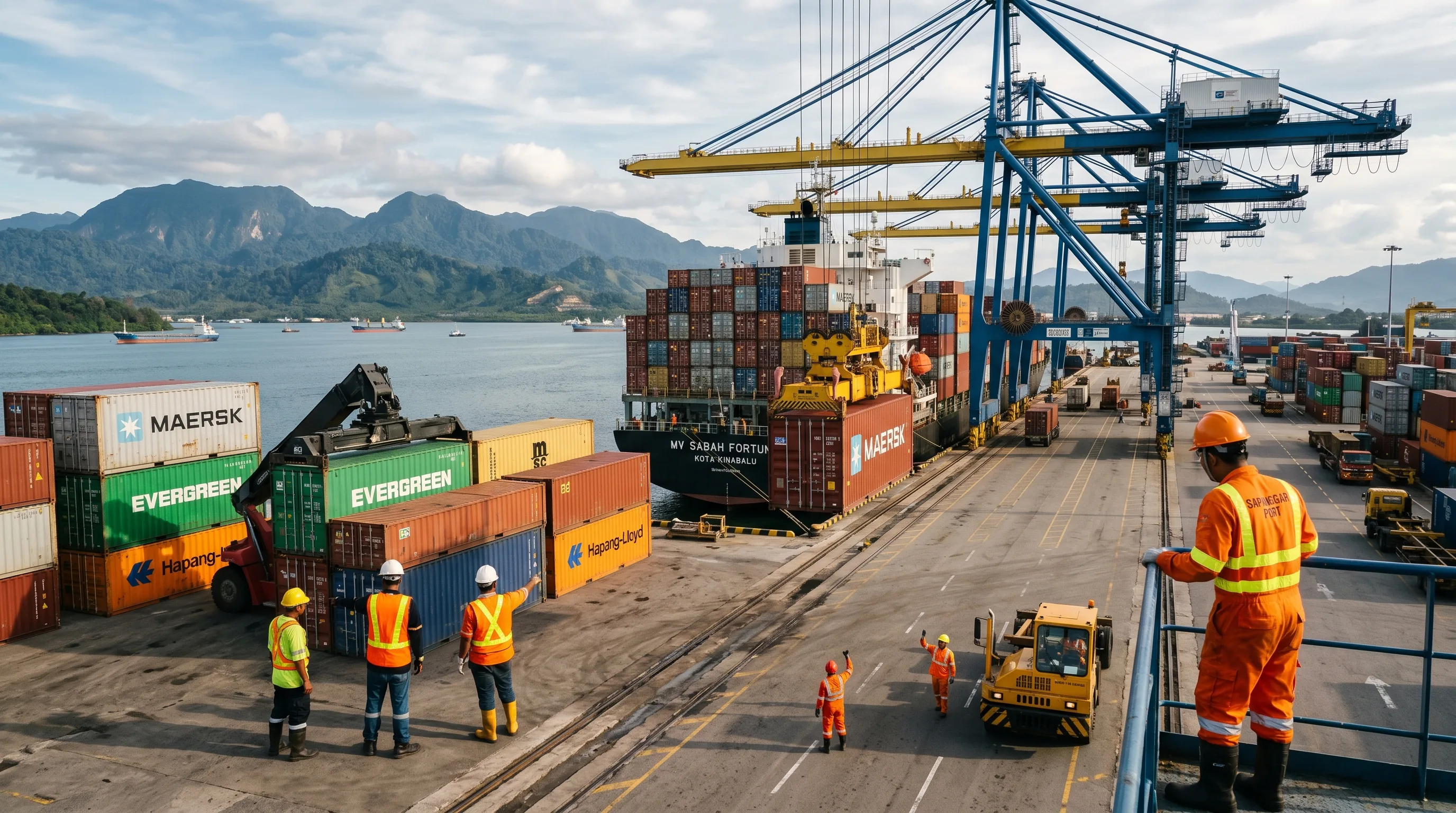 Gantry cranes loading stacked shipping containers onto a cargo vessel at the Sepanggar Bay Container Port in Sabah.
