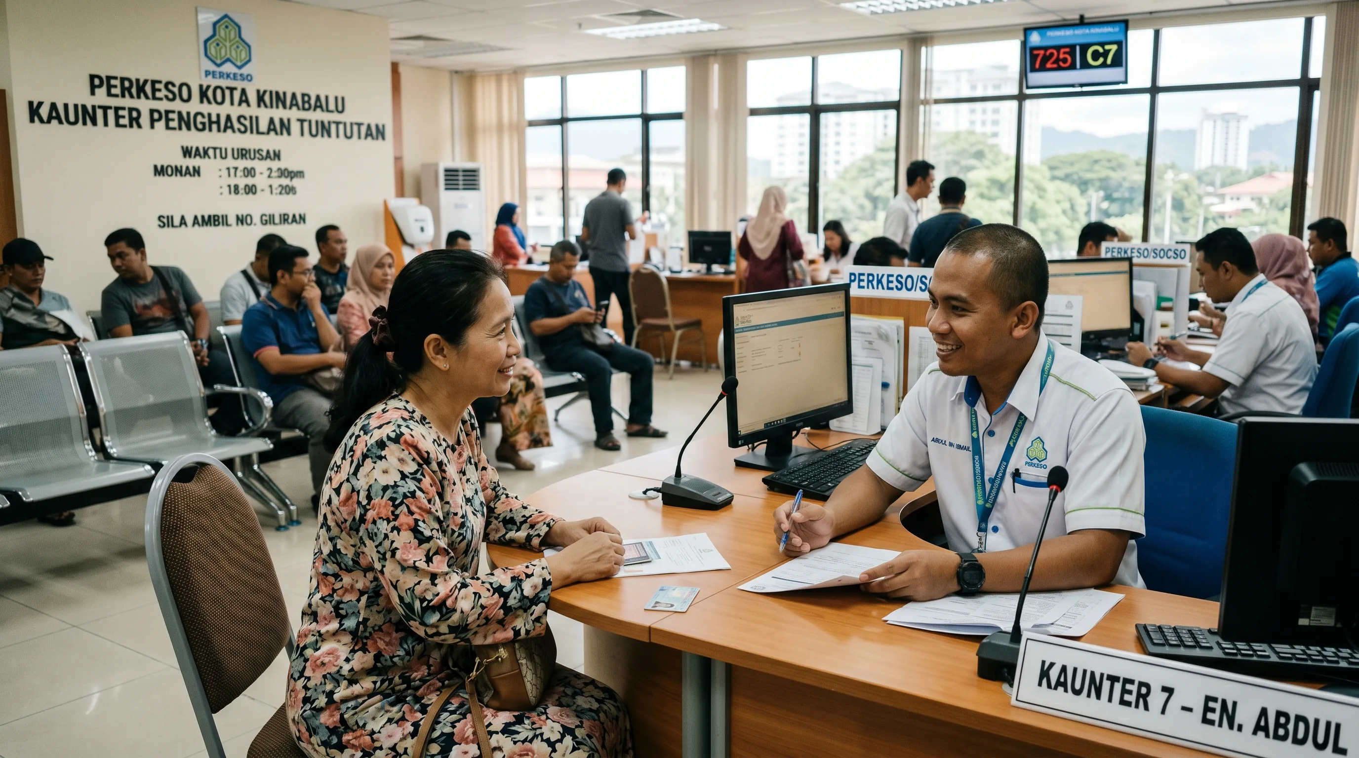 A Malaysian worker discussing a social security claim with an officer at a PERKESO office in Kota Kinabalu, Sabah
