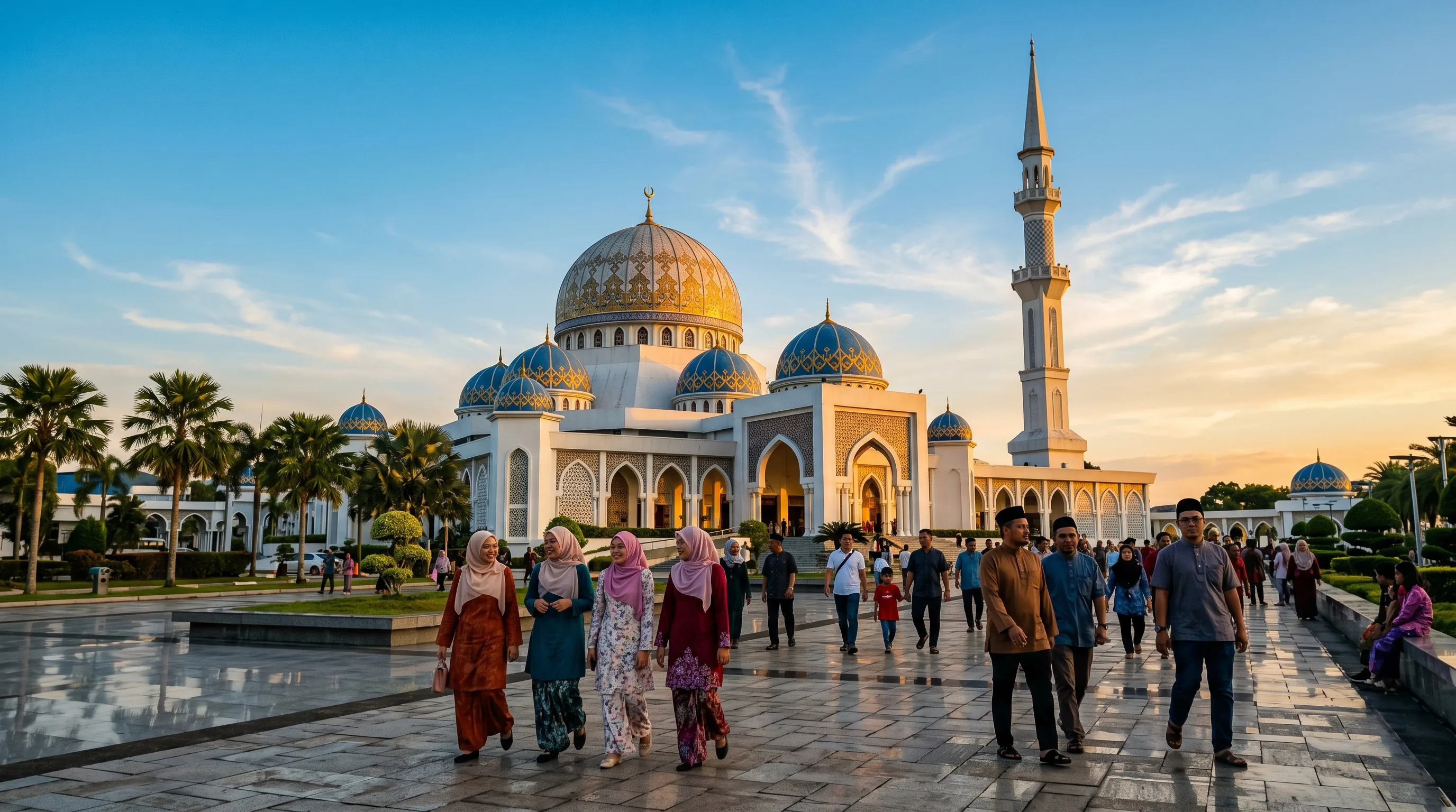 The Sabah State Mosque in Sembulan, Kota Kinabalu, with its tall minaret rising above the central dome
