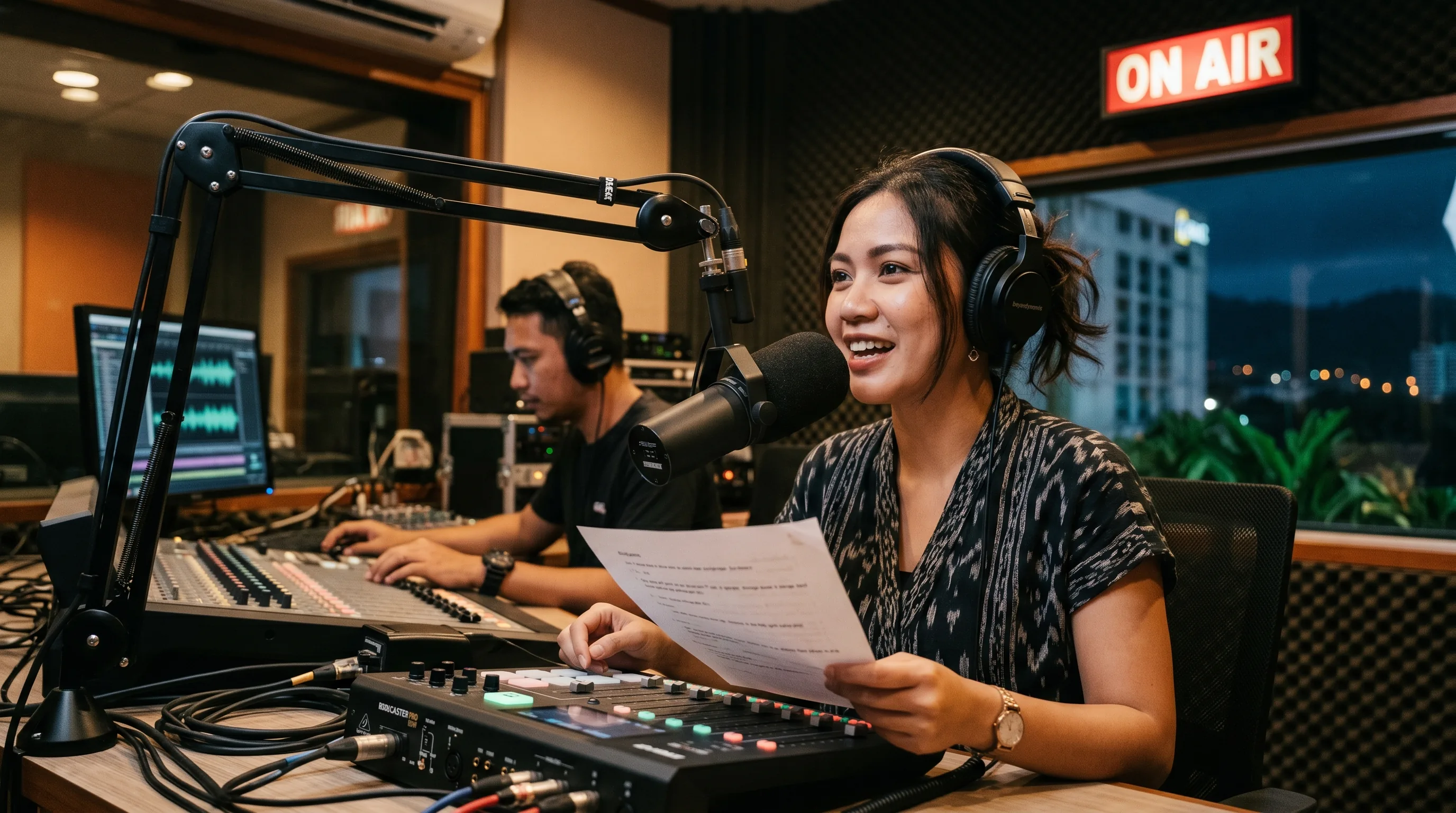 A broadcast microphone and screen representing television and radio stations across Sabah.