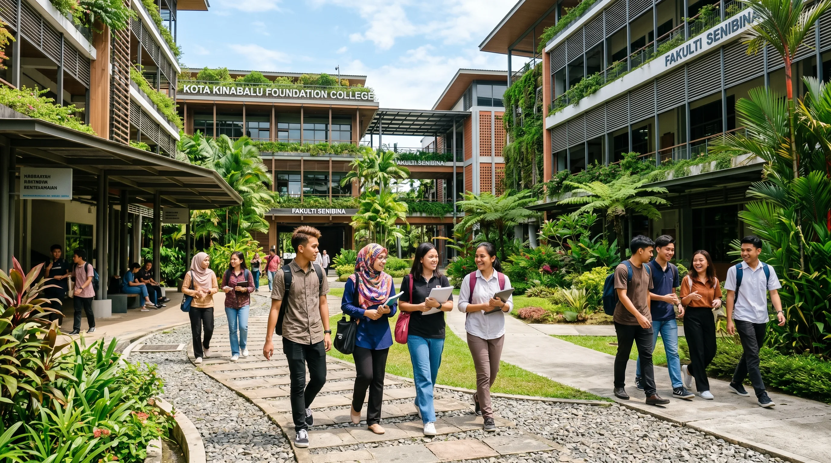 Southeast Asian students walking between the modern campus buildings of a Yayasan Sabah foundation college in Kota Kinabalu, Sabah, Malaysian Borneo