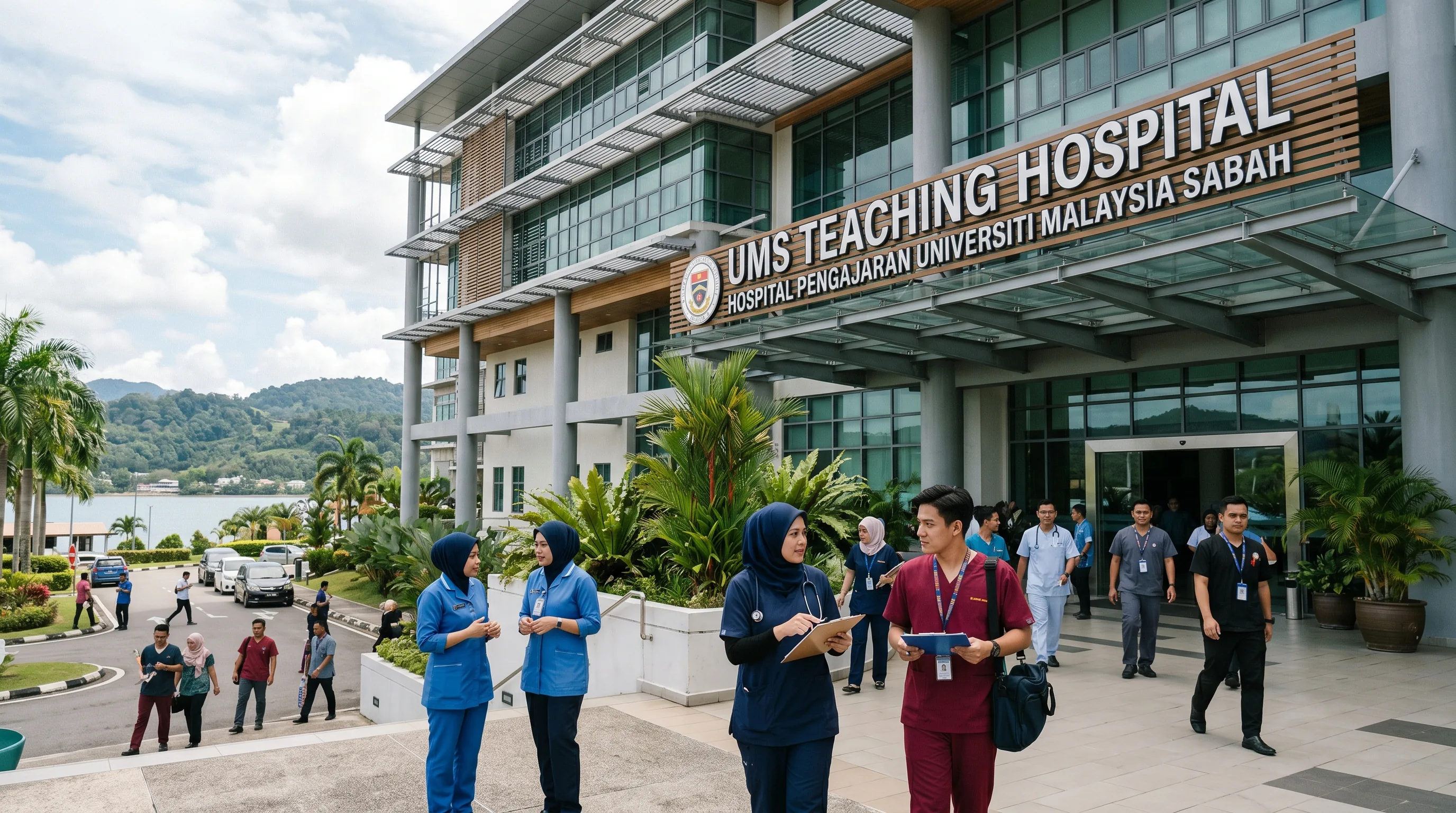 Exterior view of the UMS Hospital teaching hospital building on the Universiti Malaysia Sabah campus near Sepanggar Bay, Kota Kinabalu.