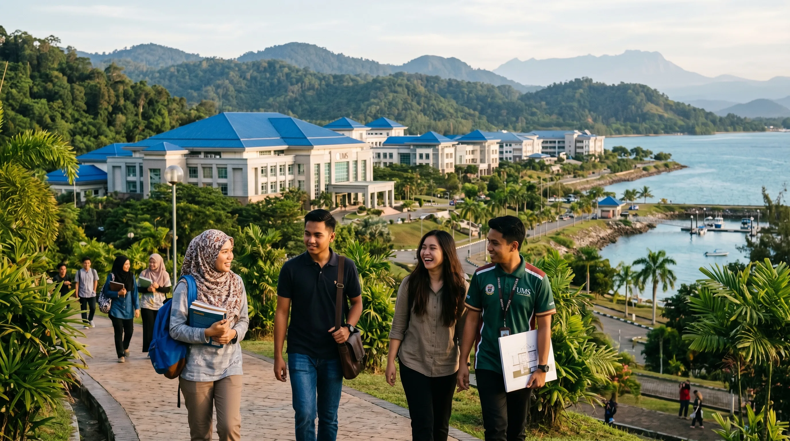 Aerial view of the Universiti Malaysia Sabah campus at Sepanggar Bay near Kota Kinabalu, with academic buildings set against the coastline of Sabah, Malaysian Borneo