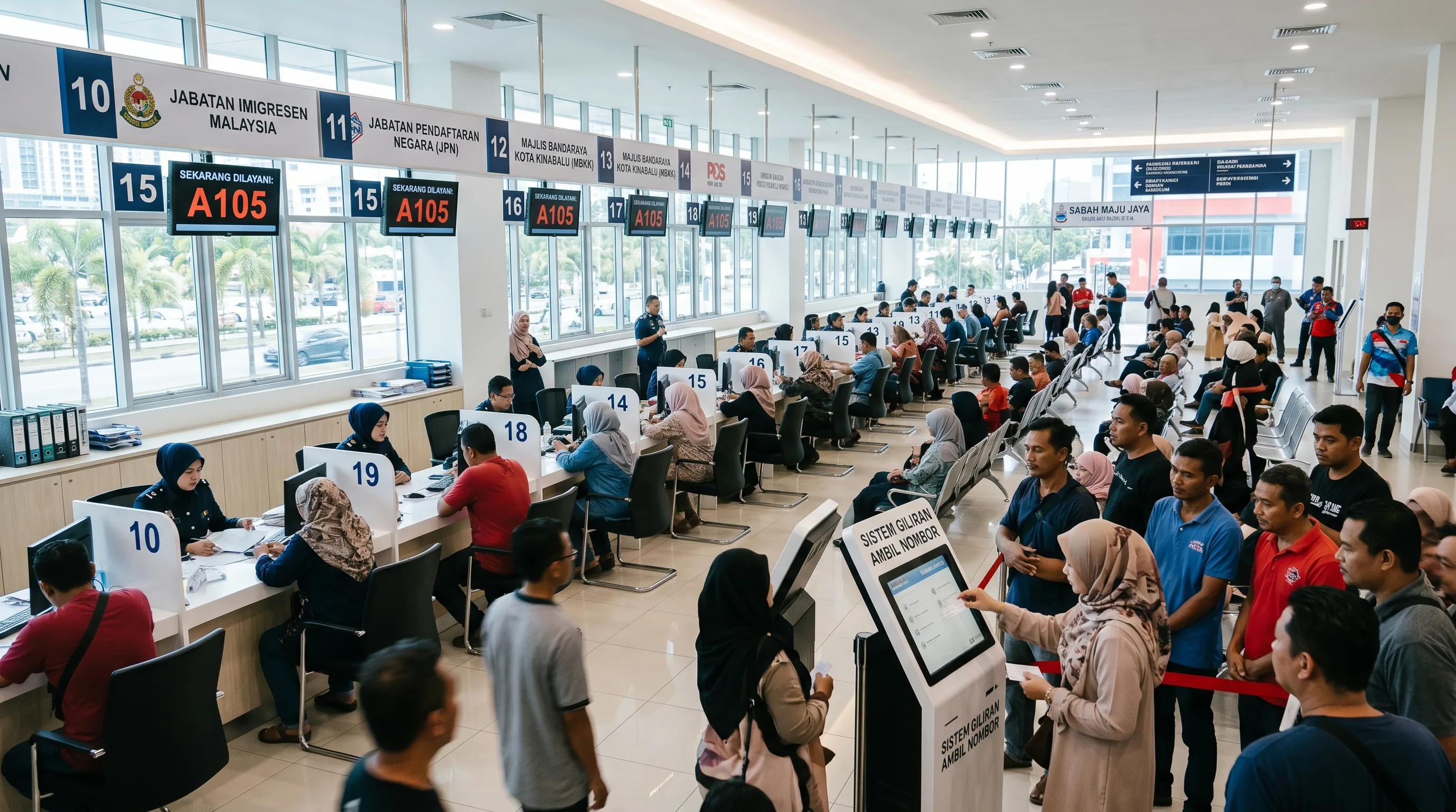 Malaysian members of the public being served at government counters inside UTC Kota Kinabalu, Sabah
