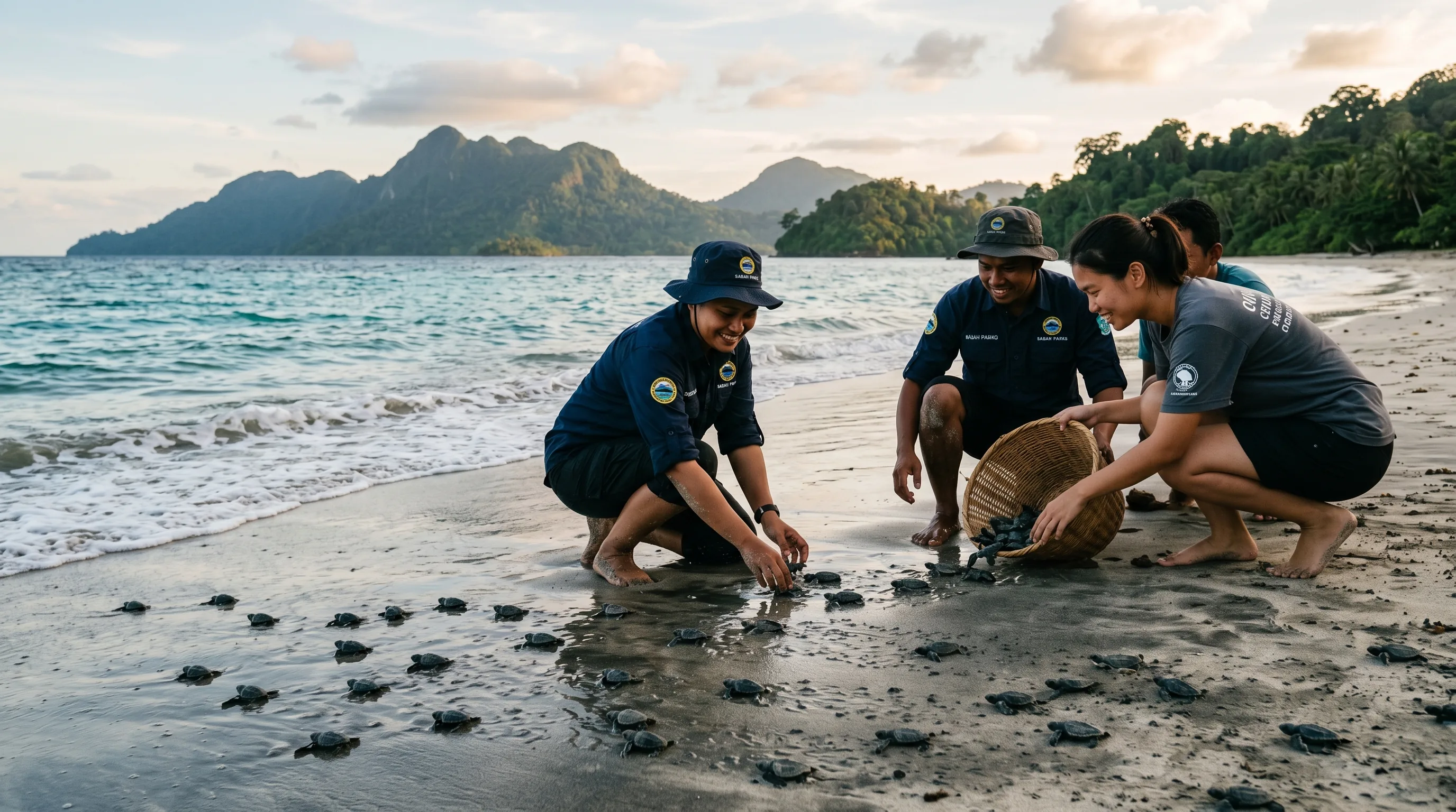 A Malaysian conservation team releasing a sea turtle hatchling on a Sabah beach at dawn
