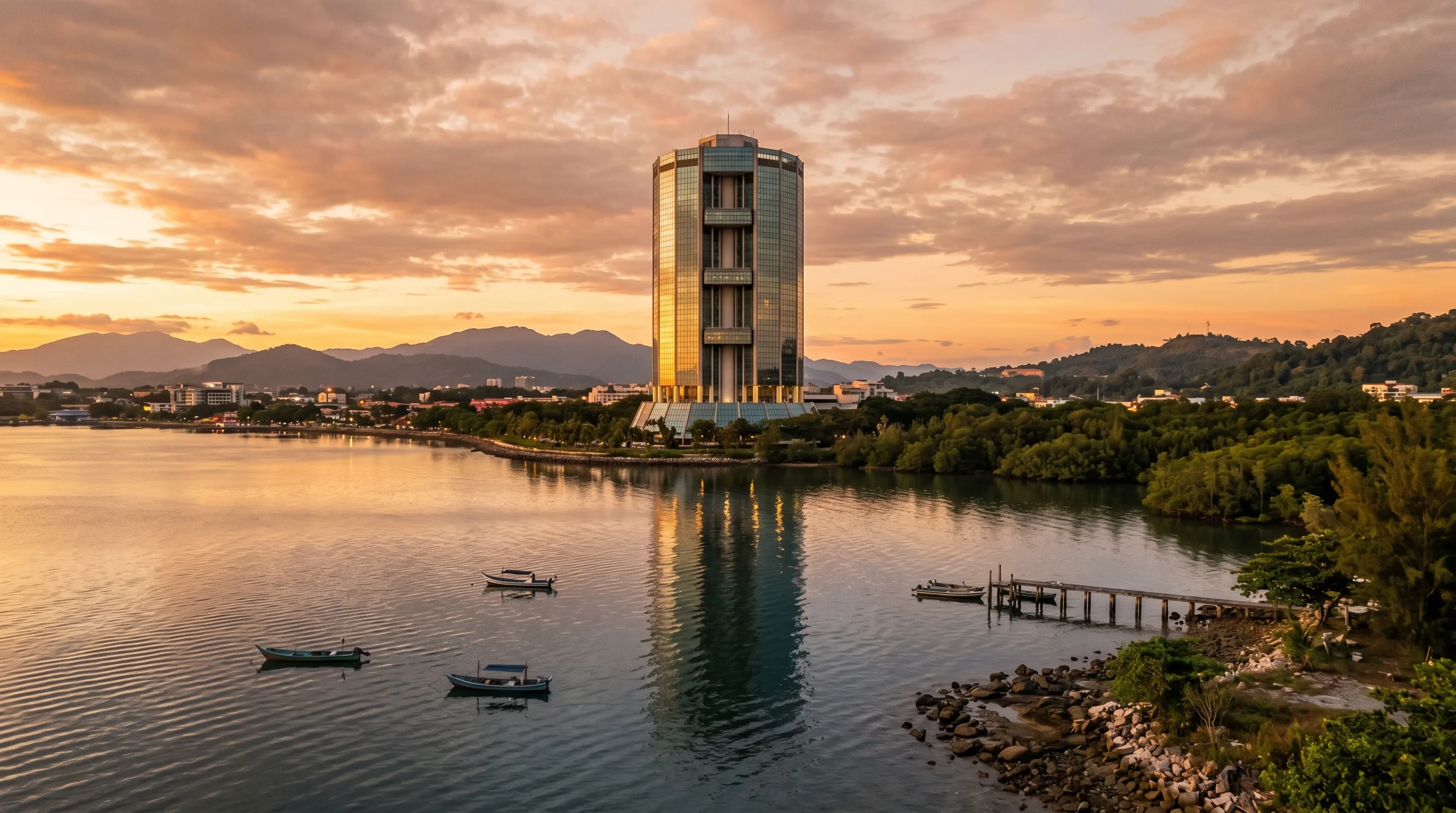 The 72-sided Menara Tun Mustapha tower of Yayasan Sabah at Likas Bay, Kota Kinabalu